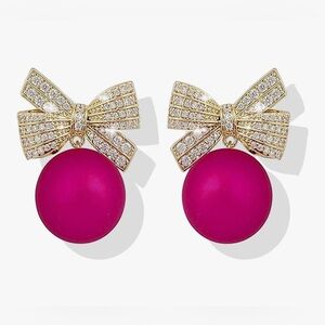 Gorgeous Nordstrom 14KT dip Crystal Bow pink Ball Globe Christmas earrings